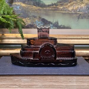 Vintage 70s Avon "Natchez" Riverboat Paddle Steamer Amber Glass Decanter
